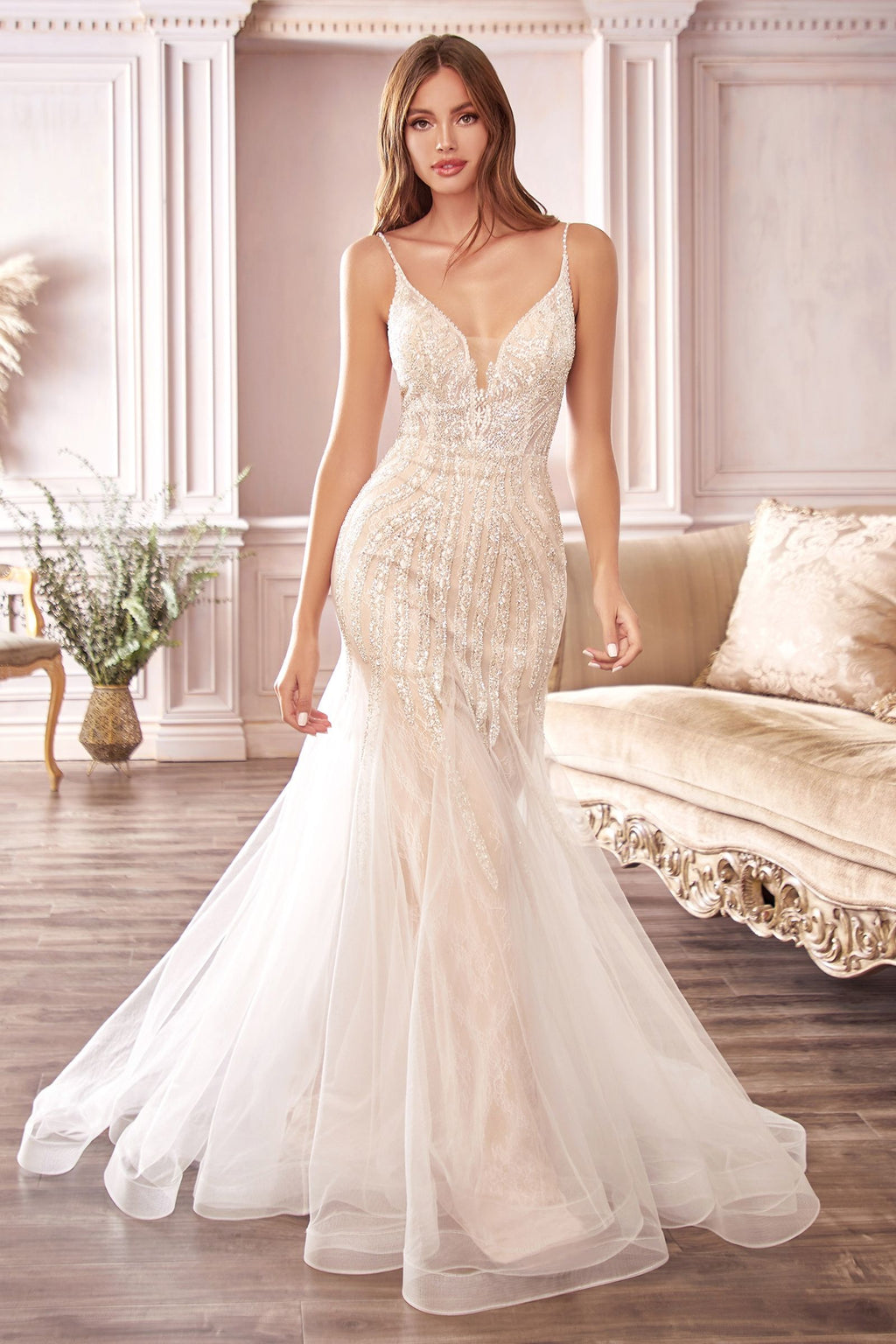 Beaded Deep V Gown